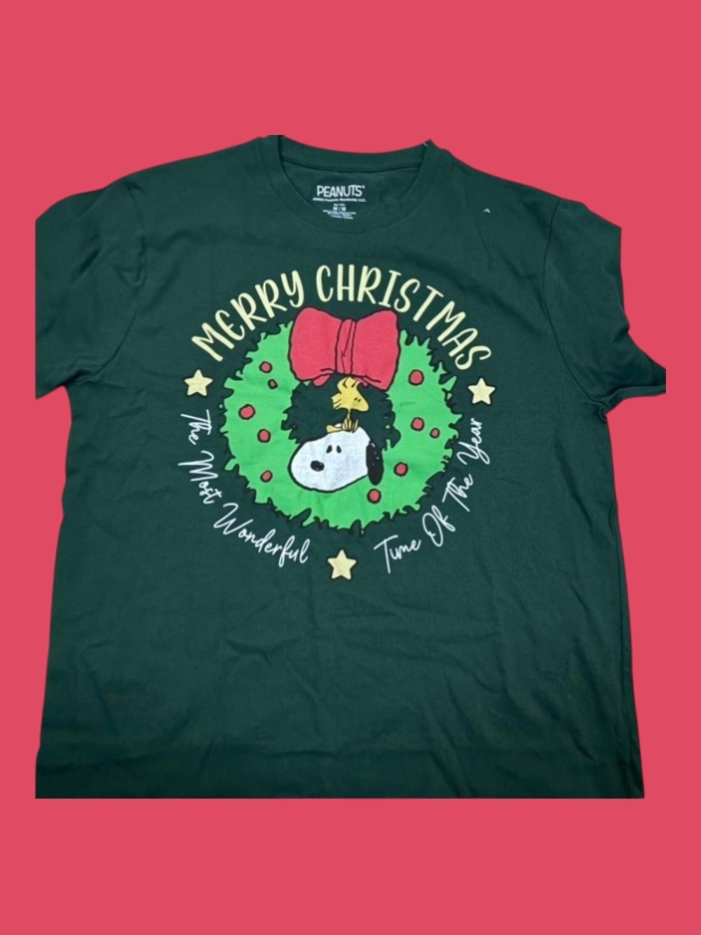 Peanuts Forest Green Snoopy & Woodstock Holiday Tee New